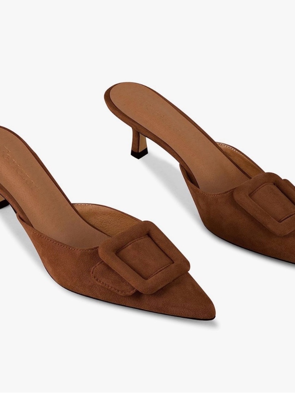 Chestnut Suede Pointed-Toe Buckle Mules - Picture 1 of 6